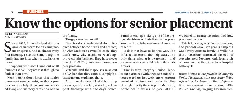 Clipping of Reina McRae's guest column "Know the options for senior placement" from the Ahwatukee Foothills News, July 15, 2026, page 32.